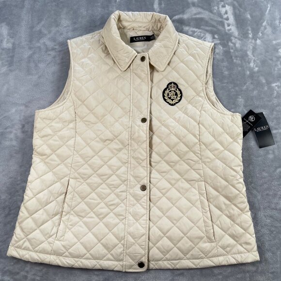 Lauren Ralph Lauren Jackets & Blazers - Lauren Ralph Lauren Vest Womens XL Cream Quilted Crest Patch Lightweight Puffer
